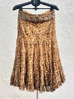 Leopard Print Tiered Skater Skirt with Embellished Waistband - Brown